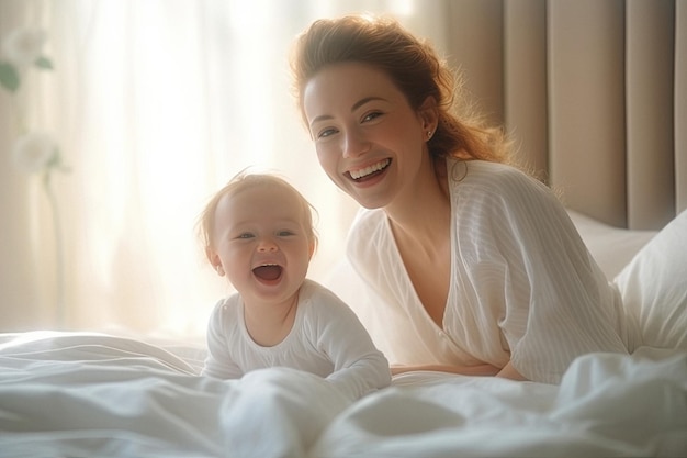 Retrato de una madre amorosa sonriente con un lindo bebé feliz en casa creado con IA generativa