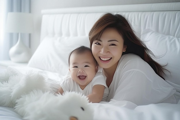 Retrato de una madre amorosa sonriente con un lindo bebé feliz en casa creado con IA generativa