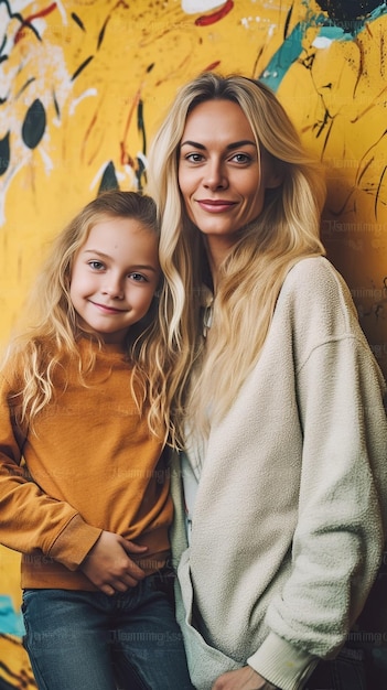 Retrato de una madre bastante rubia y una linda adolescente con el pelo largo y rizado posando cerca de IA generativa