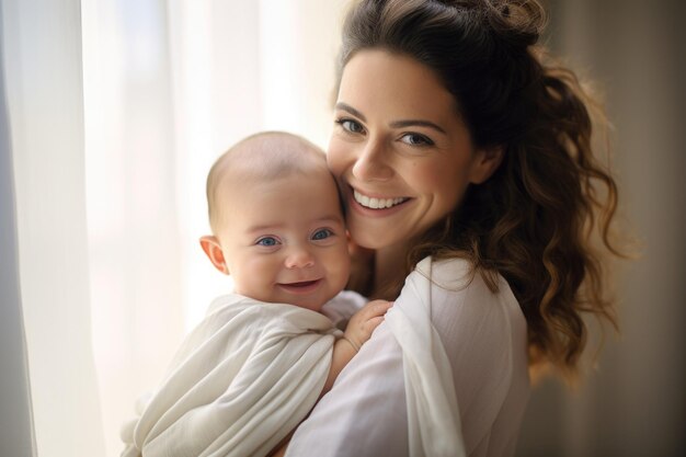 Retrato de madre y bebé sesión de fotos cinematográfica hermosa y sonriente