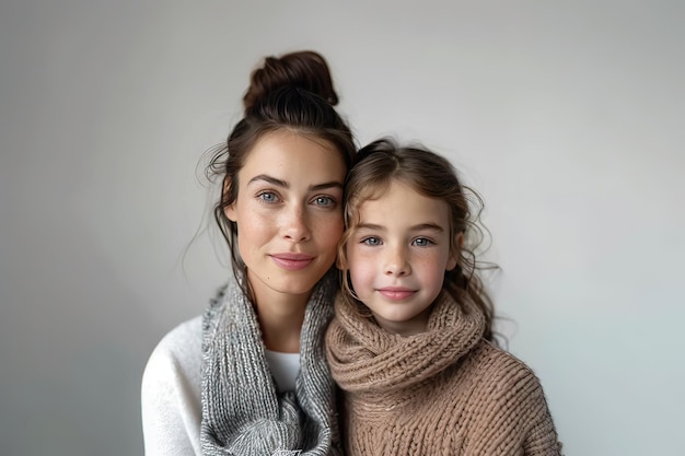 Retrato de madre e hija aislados en fondo gris grabado en estudio AI generativa