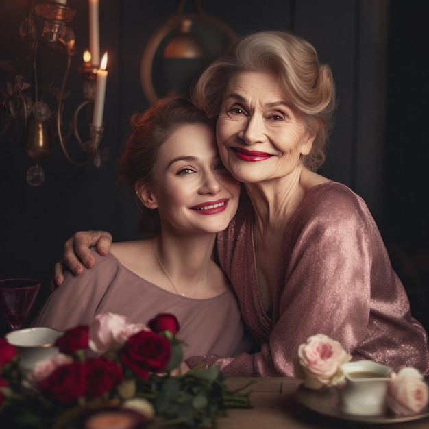 Retrato de madre e hija mayores en el interior