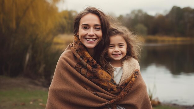 retrato de madre e hija en el parque de otoño