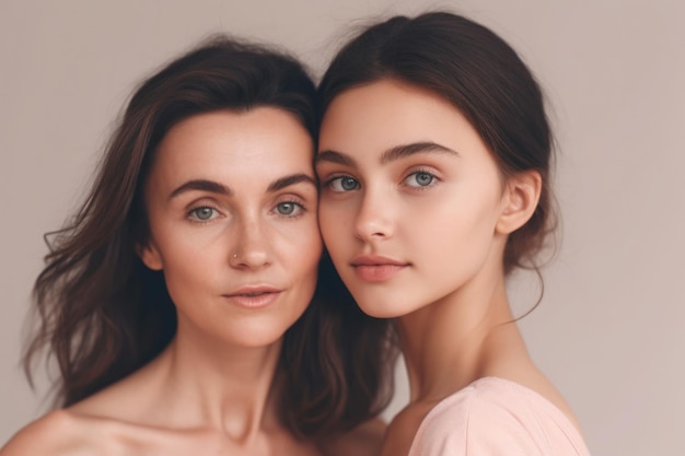 Retrato de madre e hija sobre fondo rosa IA generativa