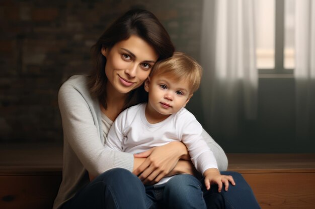 Foto retrato de una madre feliz con su hijo pequeño sentado en el sofá en casa concepto de día de la madre