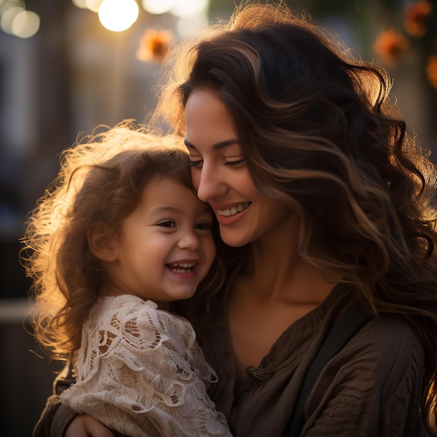 Foto retrato de una madre feliz y su niña al atardecer ia generativa