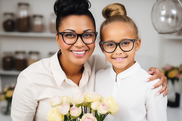 Retrato de una madre y una hija africanas felices en casa