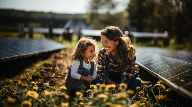 Retrato de una madre y una hija felices en una granja fotovoltaica