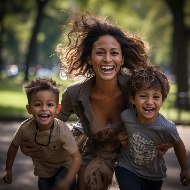 Retrato de una madre latina feliz jugando con sus hijos en el jardín IA generativa