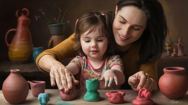 Foto retrato de una madre y una niña moldeando arcilla juntos