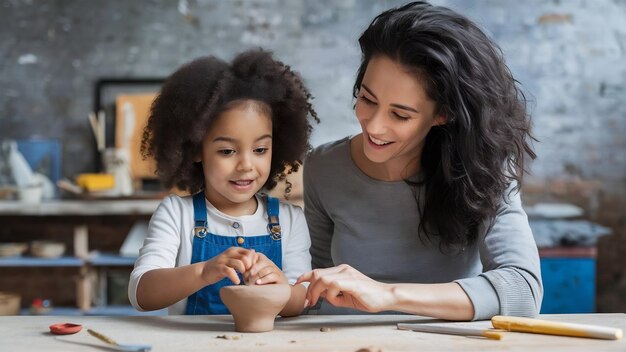 Foto retrato de una madre y una niña moldeando arcilla juntos