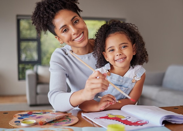 Retrato madre y niña pintando aprendiendo y feliz mientras dibujan juntos en un proyecto creativo de jardín de infantes Desarrollo educativo con mujer y niño con papel de pintura y libro con acuarela