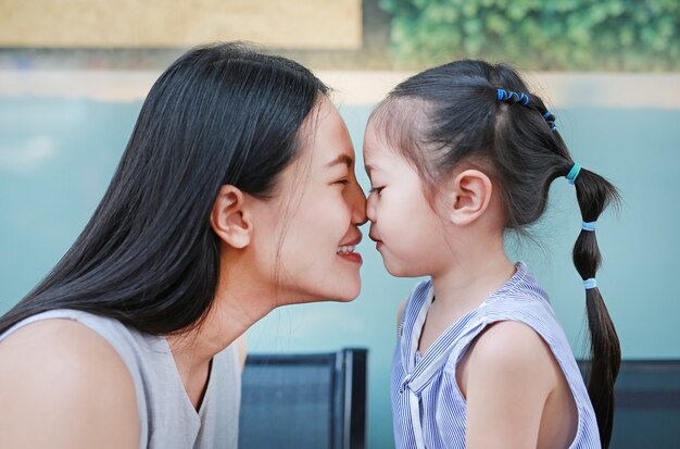 Retrato de la madre y el niño niña besándose.