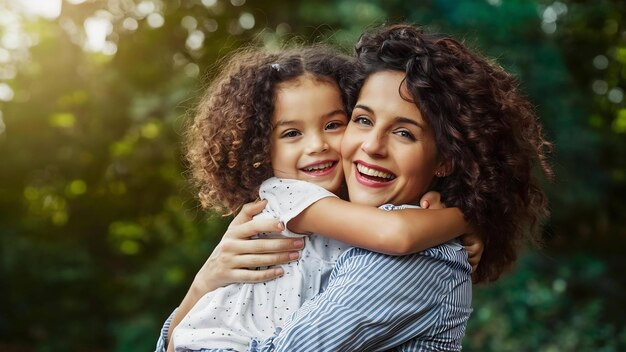 Retrato de una madre soltera feliz y amorosa abrazando a su pequeña y linda hija