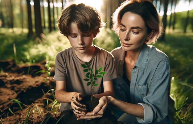 Foto retrato de una madre y su hijo plantando un pequeño árbol con sus manos en un bosque sereno para honrar al