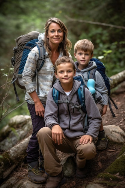 Retrato de una madre y sus dos hijos en una ruta de senderismo creada con inteligencia artificial generativa