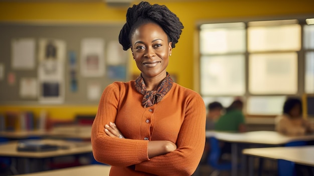 Retrato de una maestra afroamericana sonriente en el fondo de una clase con niños