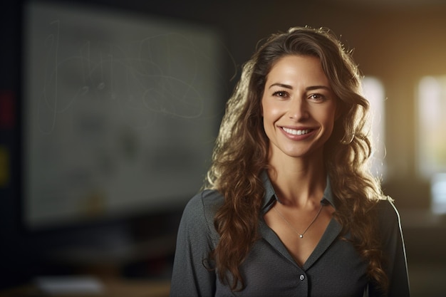 retrato de una maestra sonriendo en el fondo del estilo bokeh del aula