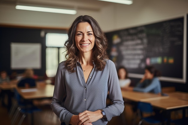 retrato de una maestra sonriendo en el fondo del estilo bokeh del aula