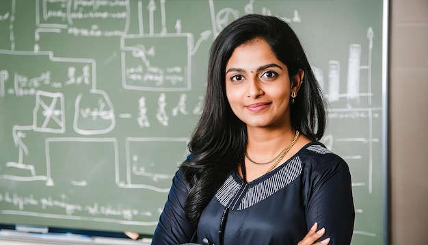 Retrato de una maestra universitaria india de mediana edad sonriente