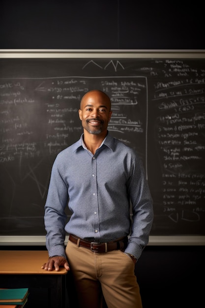 Retrato de un maestro afroamericano cerca de la pizarra en el aula