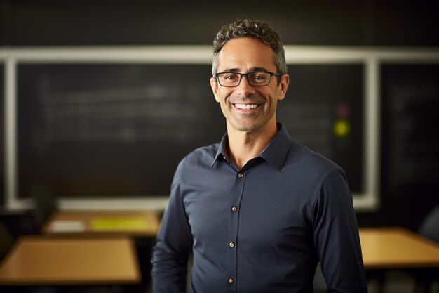 retrato de un maestro de sexo masculino sonriendo en el fondo del estilo bokeh del aula