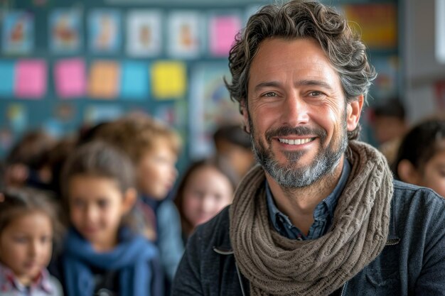 Retrato de un maestro sonriente en un aula de escuela primaria