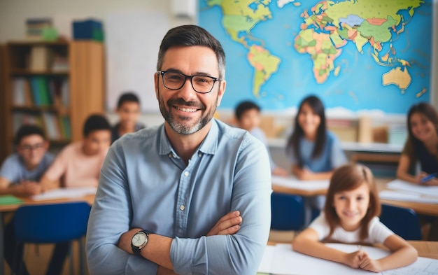 Retrato de un maestro sonriente en el aula