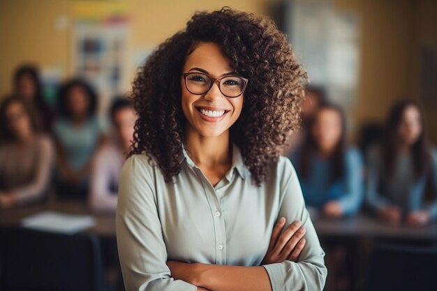 Retrato de un maestro sonriente en una clase de escuela primaria mirando a la cámara con estudiantes que aprenden