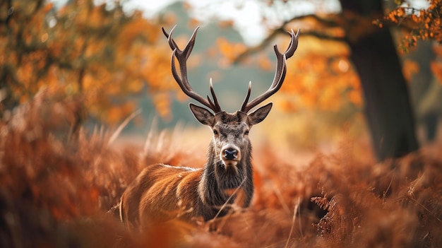 Foto retrato del majestuoso ciervo rojo en el otoño ai generative