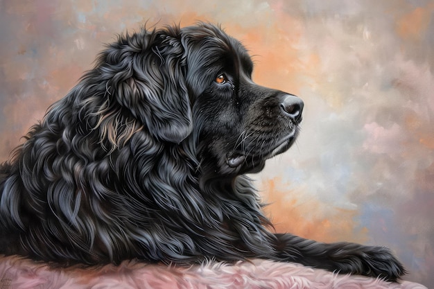 Retrato majestuoso de perro negro en estilo de pintura detallada en fondo de lienzo texturizado