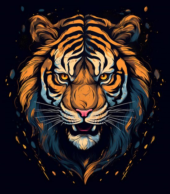 Retrato de un majestuoso tigre de fantasía sobre un fondo negro IA generativa