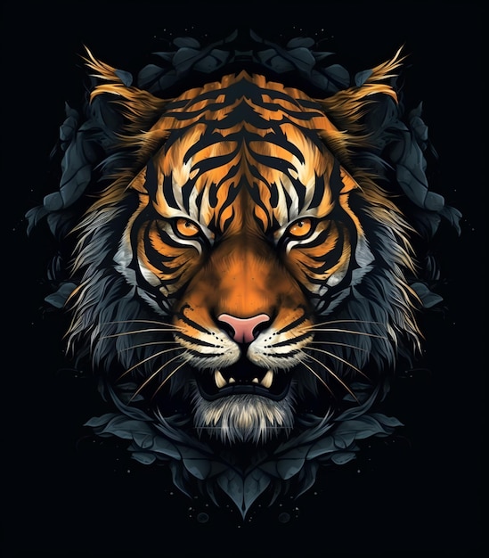 Retrato de un majestuoso tigre de fantasía sobre un fondo negro IA generativa