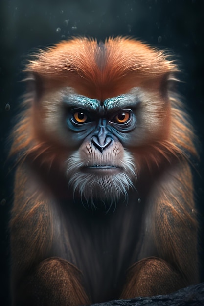 Retrato de un mandril escarlata con ojos naranjas sobre un fondo oscuro IA generativa