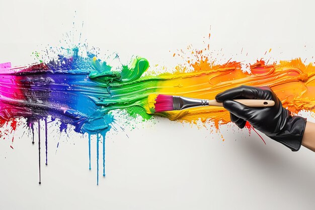 Retrato de una mano con guantes colorear la pared con un gran espacio para texto o publicidad de productos con tema multicolor IA generativa