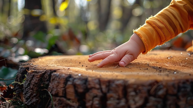 Retrato de una mano de niño en el tronco de un árbol viejo en la naturaleza con un gran telón de fondo borroso para texto o producto IA generativa