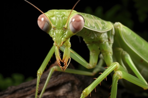 Retrato de una mantis verde ordinaria sobre un fondo negro