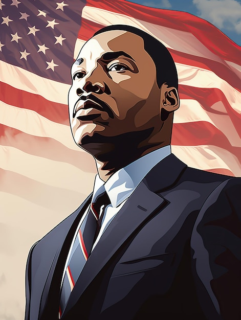 Foto retrato de martin luther king jr. con la bandera estadounidense en la ilustración vectorial de fondo