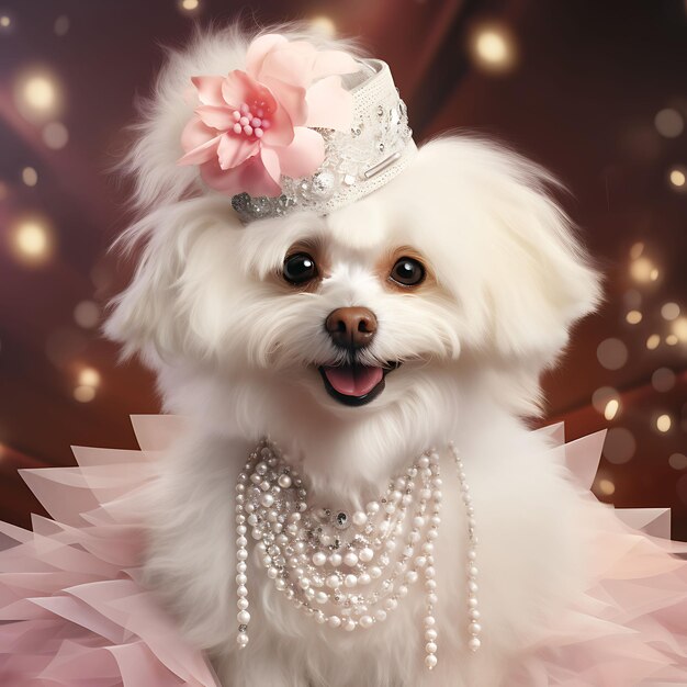 Foto retrato de mascota de un encantador perro bichon frise sentado elegantemente con un disfraz de cumpleaños de fiesta equilibrado