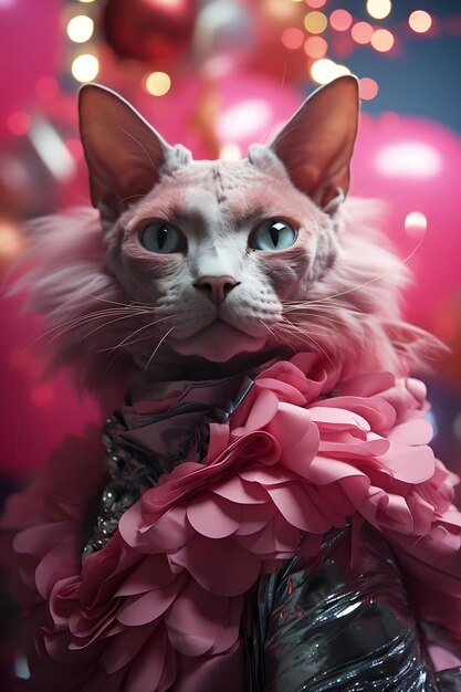 Retrato de mascota de un extravagante gato esfinge con una expresión dramática y un disfraz de cumpleaños de fiesta