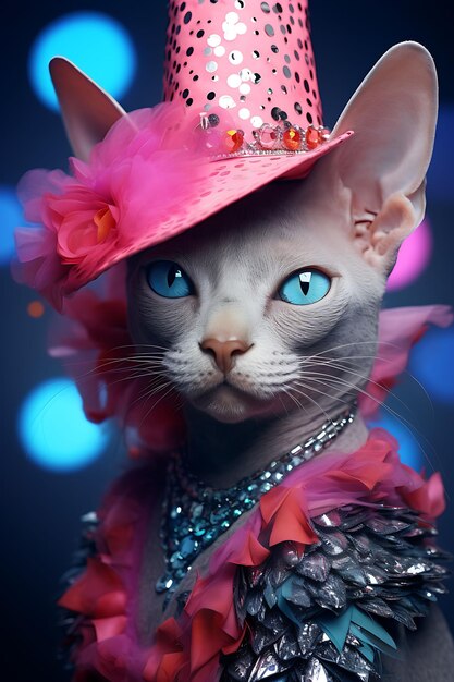 Retrato de mascota de un extravagante gato esfinge con una expresión dramática y un disfraz de cumpleaños de fiesta