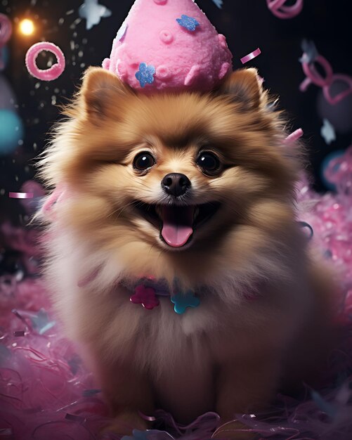 Retrato de mascota de un juguetón perro pomerano saltando de alegría y con la lengua fuera Disfraz de fiesta de cumpleaños