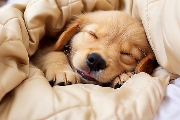 retrato de mascota perro feliz acostado en una cama cómoda, suave y cálida