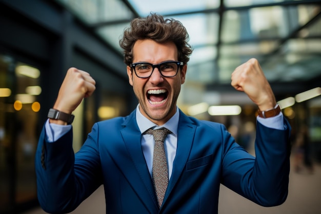 Retrato masculino emocionado celebrando o sucesso com um punho triunfante