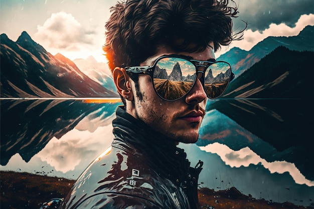 Retrato masculino usando óculos escuros com reflexo maravilhoso do céu e da montanha