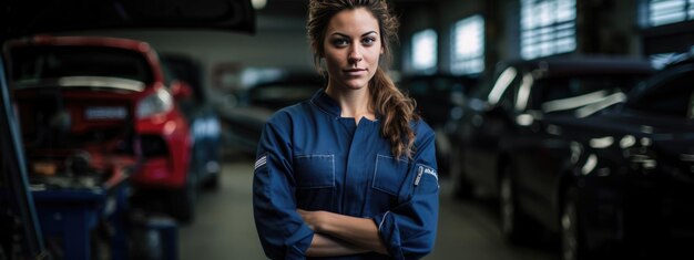 Retrato de una mecánica en un servicio de automóviles contra el fondo de los automóviles