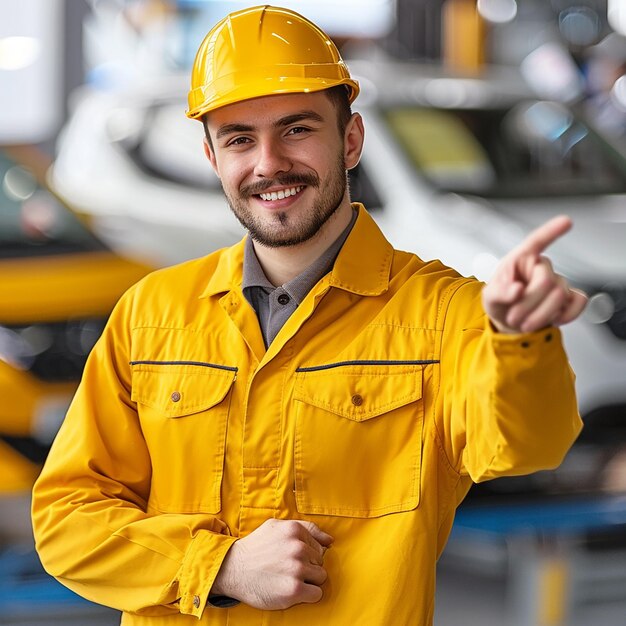Retrato de un mecánico experto con uniforme amarillo apuntando hacia un lado