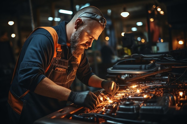 Retrato de un mecánico trabajando en un vehículo en un servicio de automóviles