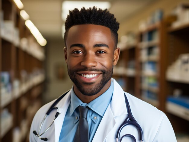 Retrato de un médico amigable en ropa de trabajo con un estetoscopio en el cuello