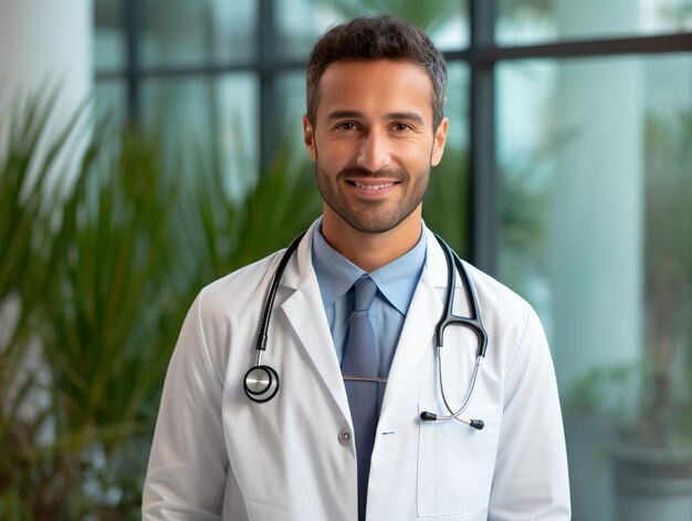 Retrato de un médico amigable en ropa de trabajo con un estetoscopio en el cuello